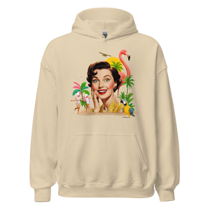 Front view of beige unisex hoodie with vintage-style collage featuring a smiling woman, flamingo, palm trees, and parrots