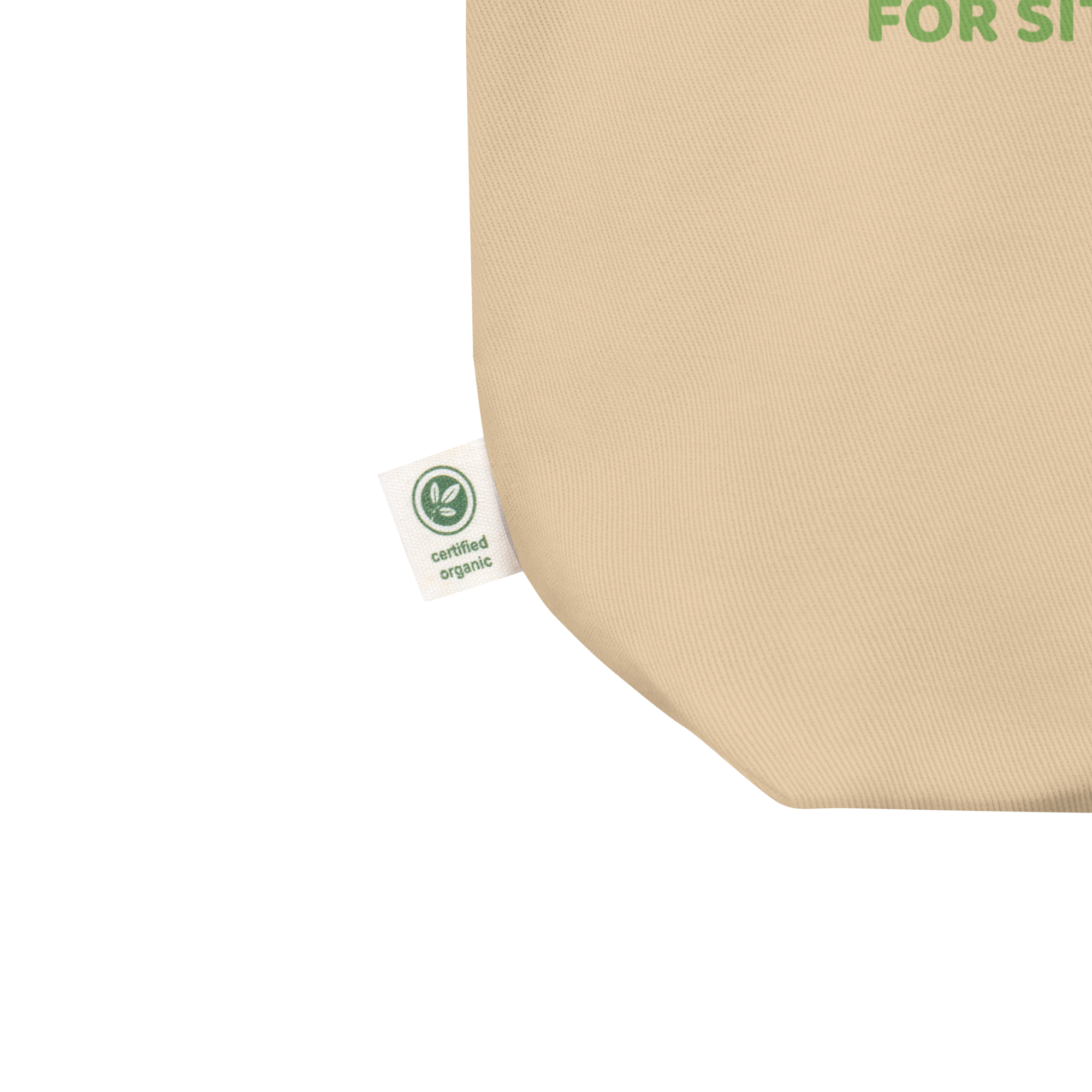 Beige tote bag with a certified organic label on a white background by pepa de mango