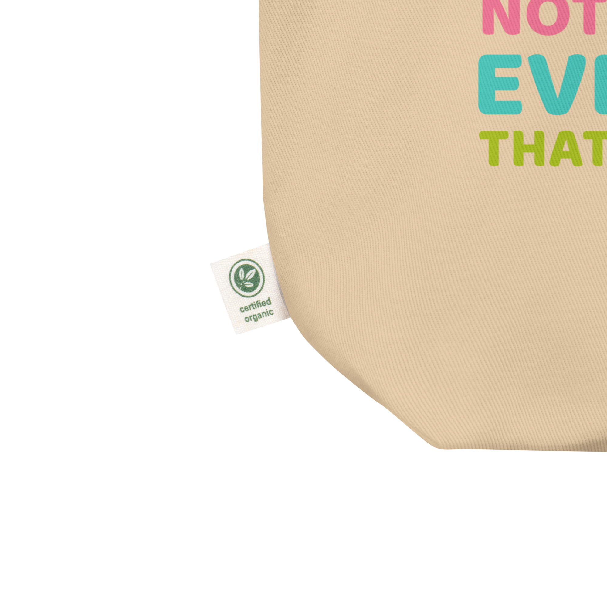 Beige tote bag with colorful text and a certification label on a white background by pepa de mango