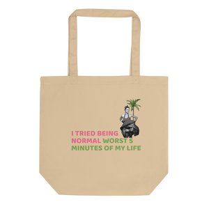 Front view of beige eco-friendly cotton tote bag by Pepa de Mango, featuring retro woman graphic and sarcastic quote 'I tried being normal, worst 5 minutes of my life' in pink and green, reusable summer bag for everyday use