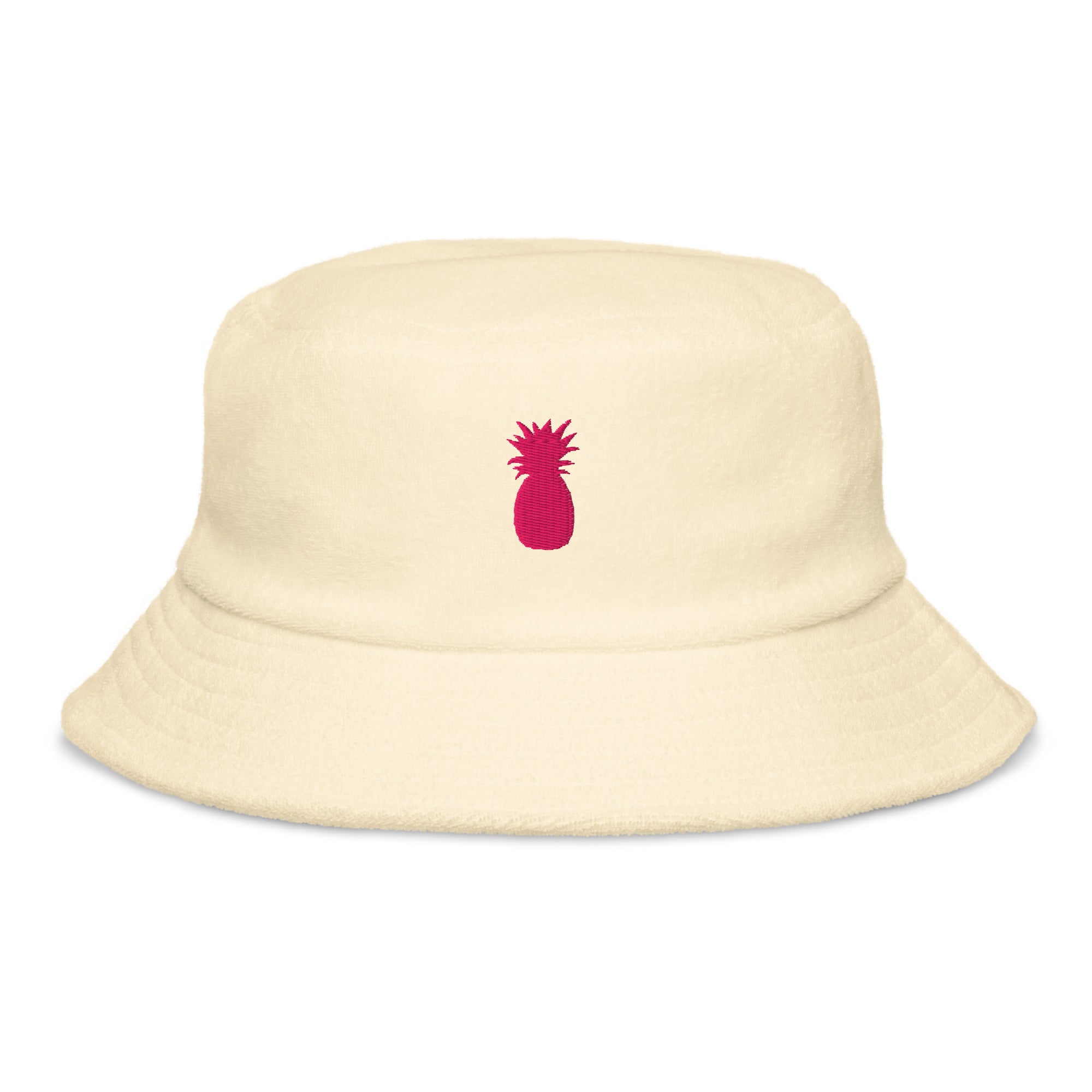 Yellow organic cotton bucket hat with pink pineapple embroidery by Pepa de Mango, unisex summer beachwear accessory