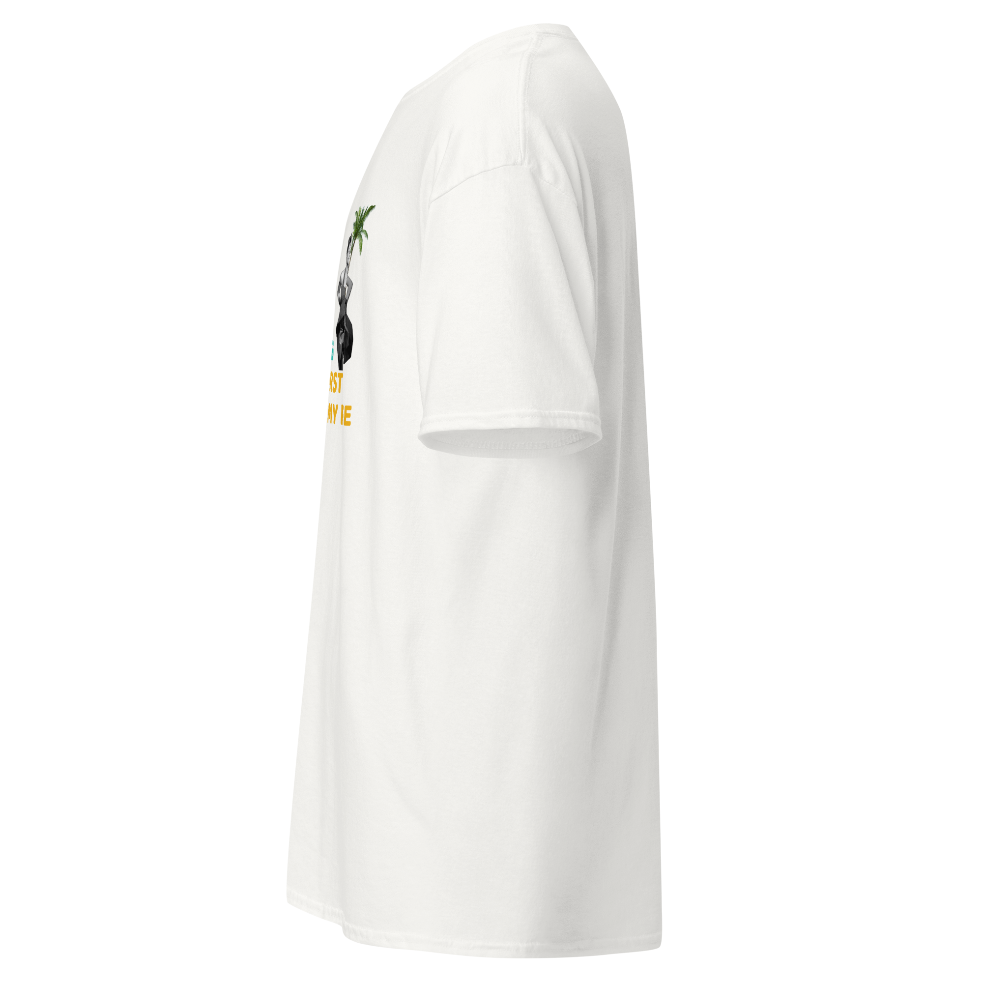 Left side view of unisex white organic cotton t-shirt with bold sarcastic graphic print “I tried being normal, worst 5 minutes of my life” featuring a sitting woman and a palm tree, casual summer wear by Pepa de Mango