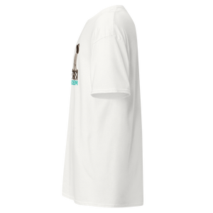 Left side view of a unisex light pink statement t-shirt by Pepa de Mango, featuring bold graphic art and sarcastic quote. Soft cotton fabric and relaxed fit.