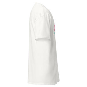 Right side view of a unisex light pink statement t-shirt by Pepa de Mango with a printed design and playful sarcasm. Lightweight and breathable.