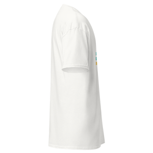 Right side view of unisex white organic cotton t-shirt with bold sarcastic graphic print “I tried being normal, worst 5 minutes of my life”, casual summer wear by Pepa de Mango