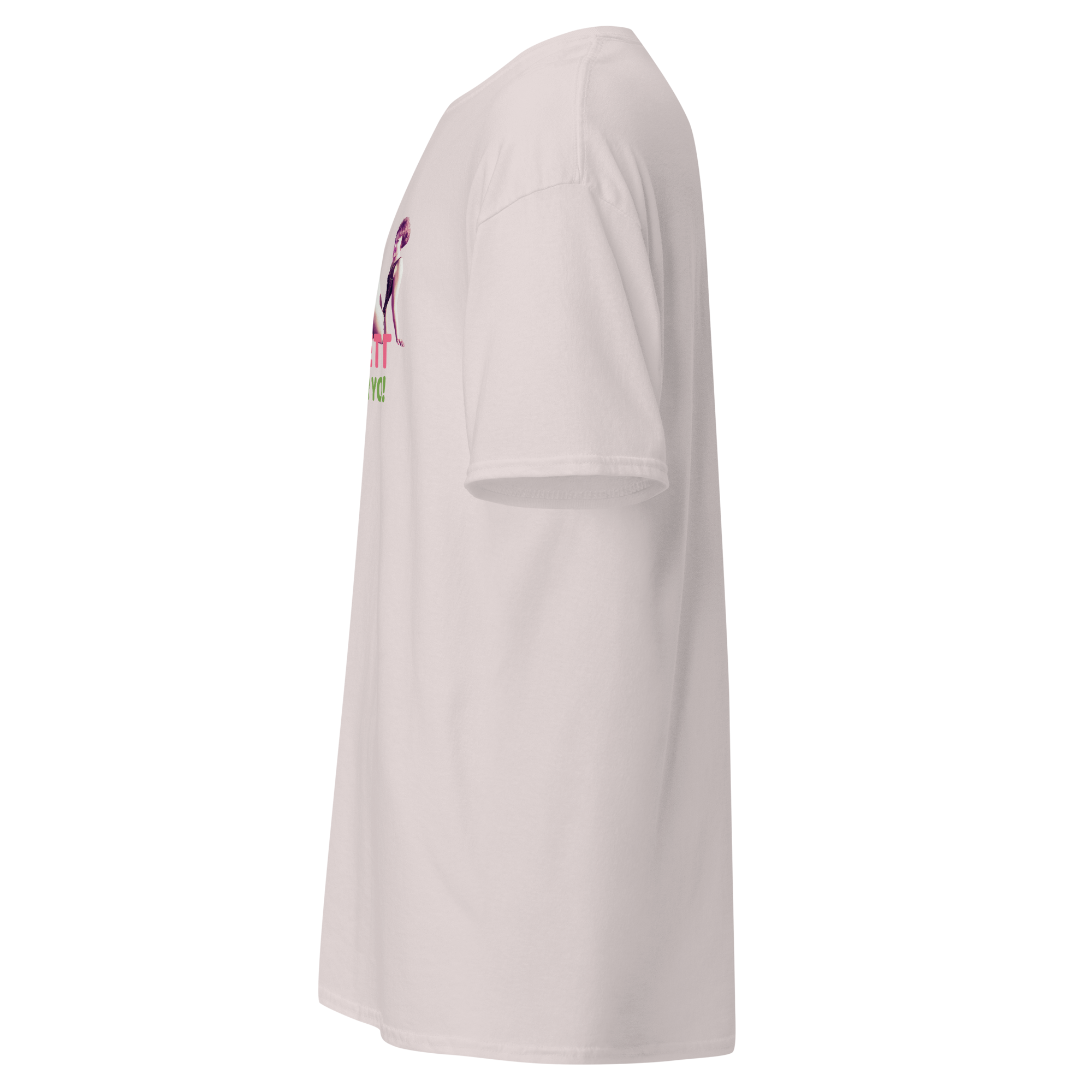 Light pink t-shirt with a colorful graphic on a white background