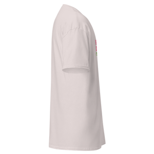 Light pink t-shirt with a small graphic on the chest against a white background