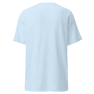 Back view of a light blue unisex short sleeve statement t-shirt by Pepa de Mango. The back is plain, with no design or print, highlighting the smooth cotton fabric, relaxed fit, and clean finishing. Displayed on a transparent background.