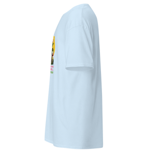 Left side view of a light blue unisex short sleeve statement t-shirt by Pepa de Mango, featuring a relaxed fit, crew neckline, and soft cotton fabric. Part of the front print is visible, showing the edge of a bright yellow sun, floral elements, and the bold pink and orange sarcastic quote. Displayed on a transparent background.