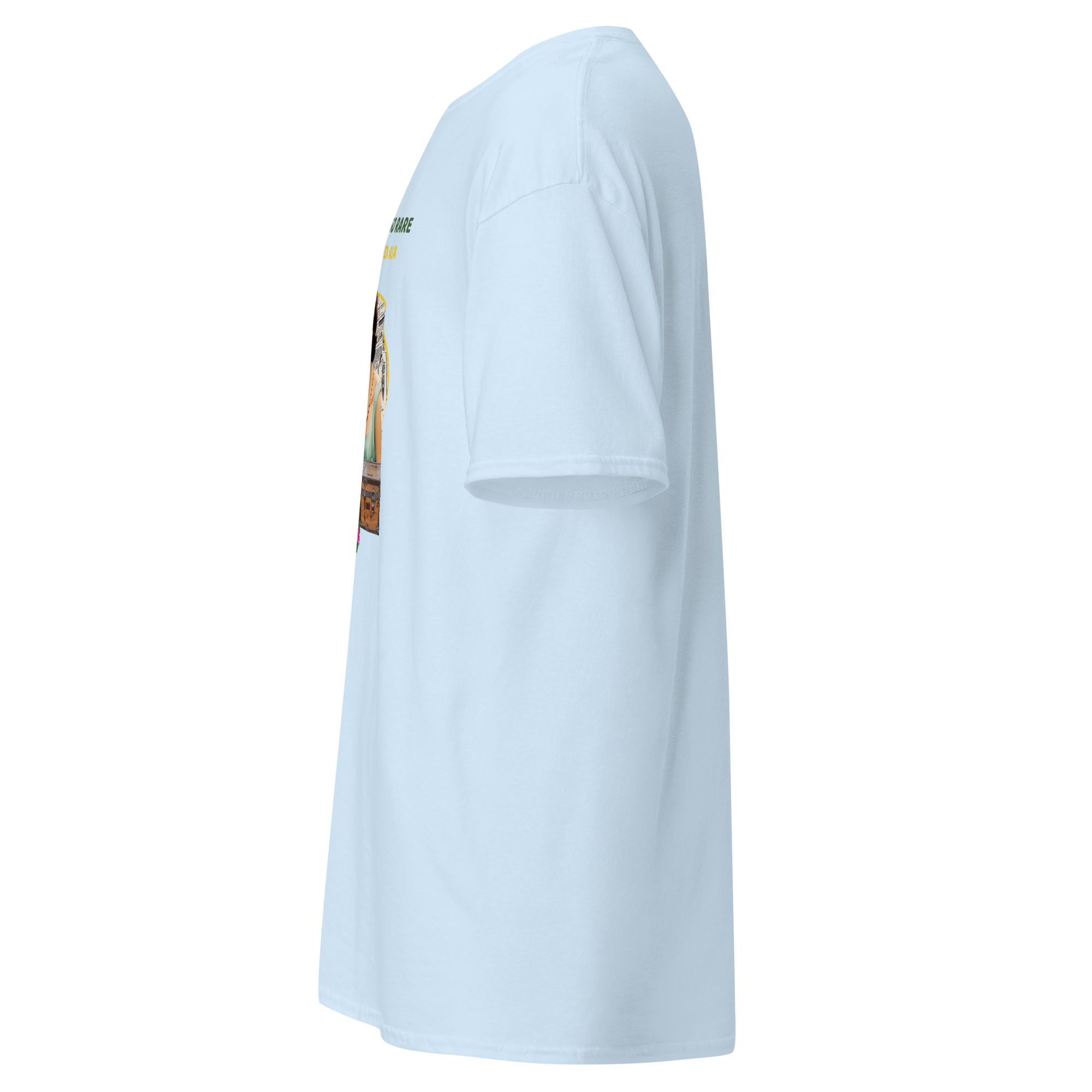 Left side view of a light blue unisex short sleeve statement t-shirt by Pepa de Mango. The side profile reveals the contour of the shirt and part of the front print featuring a vintage woman and tropical elements. The design includes the quote "COMMON SENSE IS SO RARE IT SHOULD BE CLASSIFIED AS A SUPERPOWER". Made of soft cotton, displayed on a transparent background.