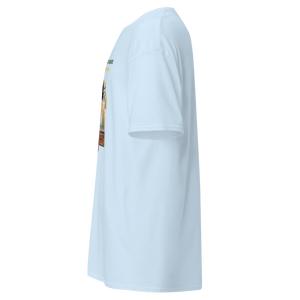 Left side view of a light blue unisex short sleeve statement t-shirt by Pepa de Mango. The side profile reveals the contour of the shirt and part of the front print featuring a vintage woman and tropical elements. The design includes the quote "COMMON SENSE IS SO RARE IT SHOULD BE CLASSIFIED AS A SUPERPOWER". Made of soft cotton, displayed on a transparent background.