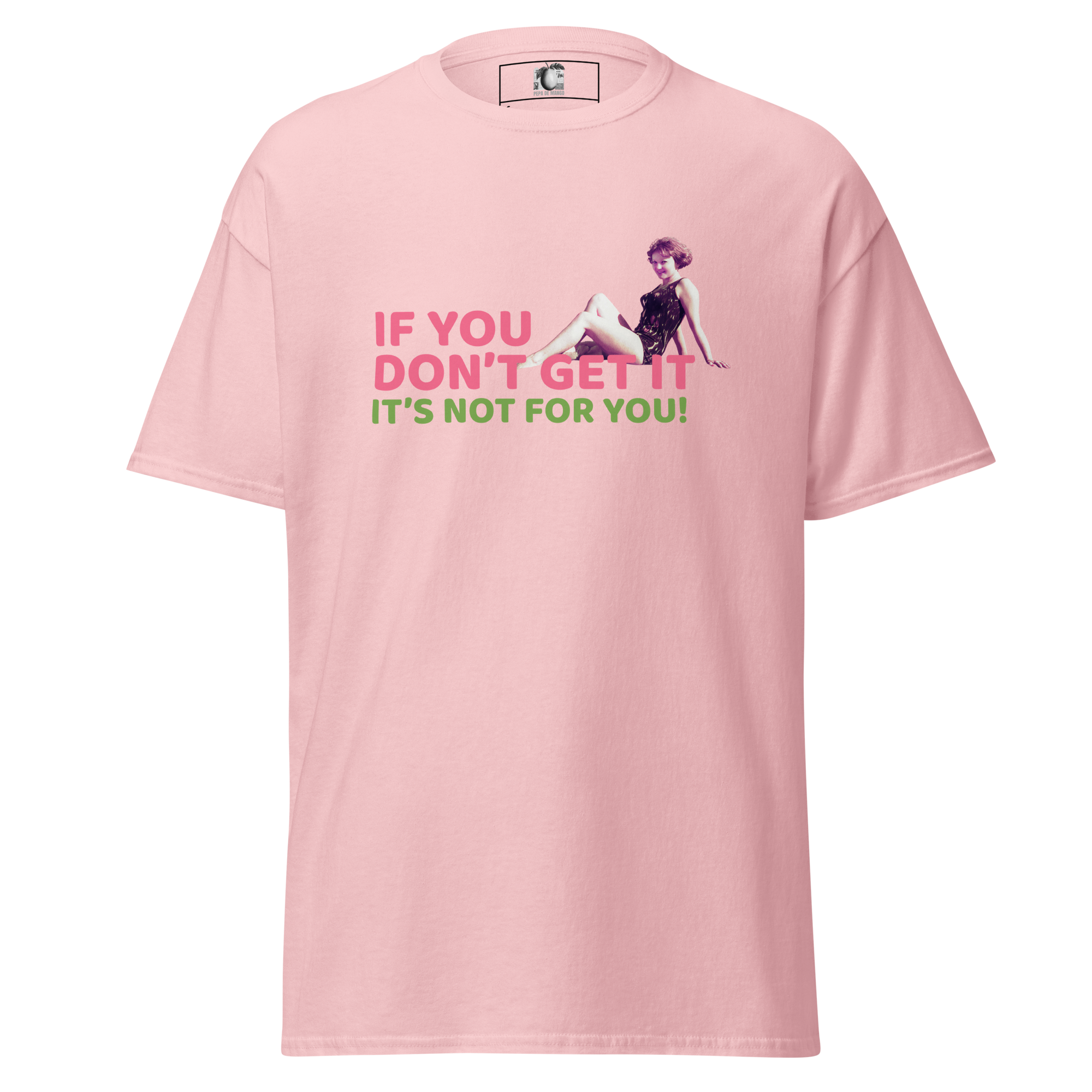 Pink t-shirt with graphic and text on a white background