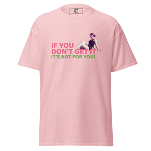 Pink t-shirt with graphic and text on a white background