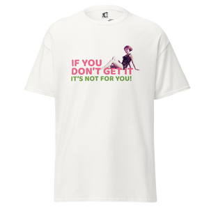 White t-shirt with graphic and text on a white background