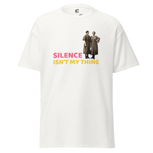 White unisex t-shirt, front view, design with two vintage women in dresses and bold sarcastic text "Silence isn't my thing", design made by pepa de mango
