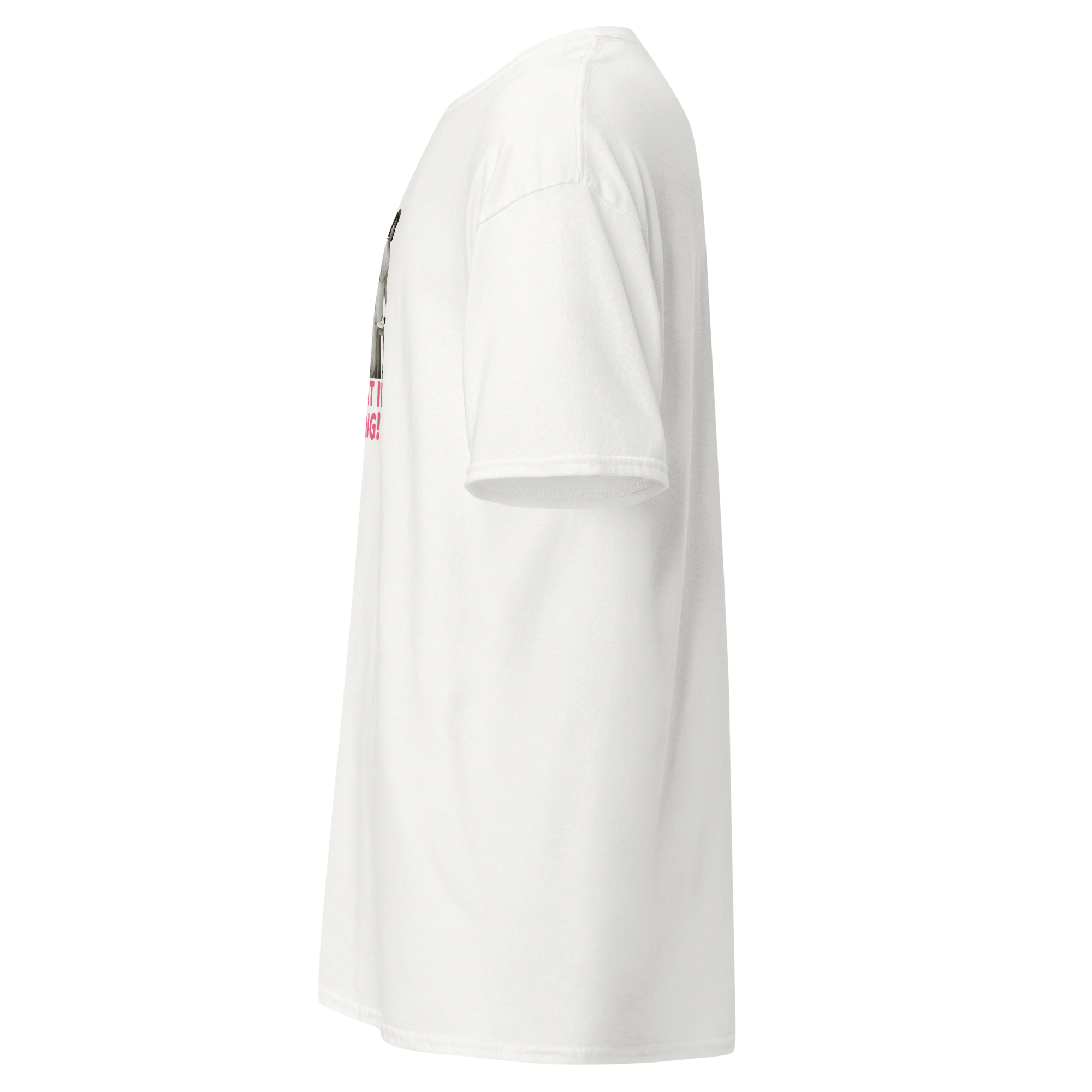 Left side view of white unisex t-shirt with vintage woman graphic and text “I have no idea what I’m doing” in teal and pink