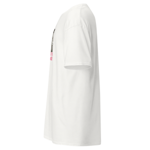 Left side view of white unisex t-shirt with vintage woman graphic and text “I have no idea what I’m doing” in teal and pink