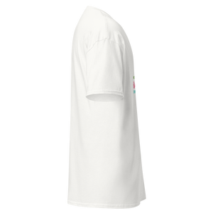 Left side view of a white unisex short sleeve statement t-shirt by Pepa de Mango, made from soft cotton with a relaxed fit and crew neckline. The edge of the colorful front print is visible, showing part of a lime, red flower, and pink text that wraps around from the front. Displayed against a transparent background.