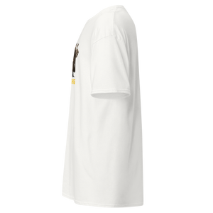 White unisex t-shirt, left side view, showing vintage women design with bold sarcastic text "Silence isn't my thing" design made by pepa de mango