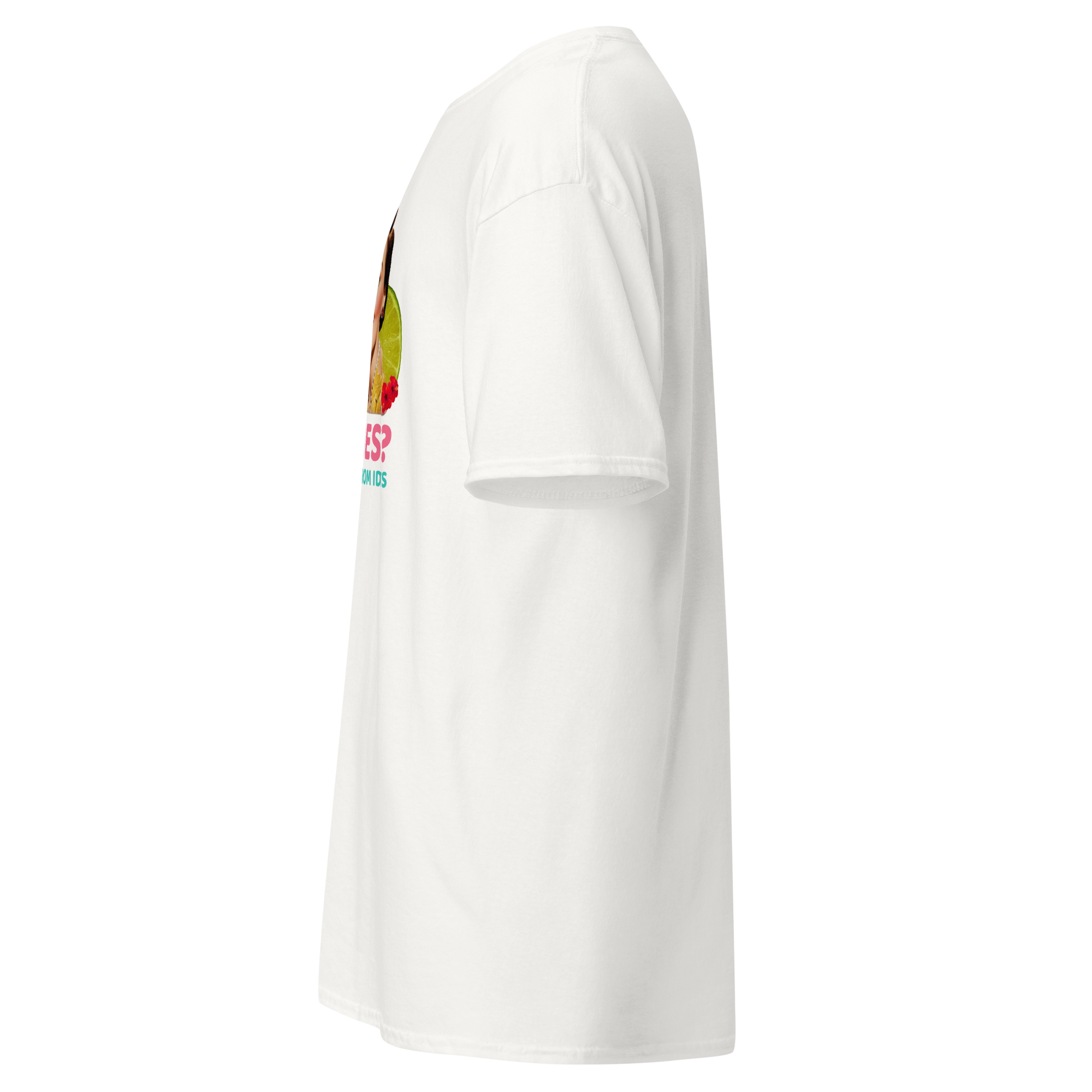 Right side view of a white unisex short sleeve statement t-shirt made of cotton, featuring a clean side profile with a portion of the colorful front print slightly visible at the seam. The t-shirt has a relaxed fit, classic crew neck, and soft fabric texture, photographed against a transparent background.