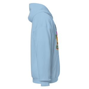 Light blue hoodie, right side view, showing tropical vintage collage design with woman, fruits, parrot, and suitcase, design by pepa de mango