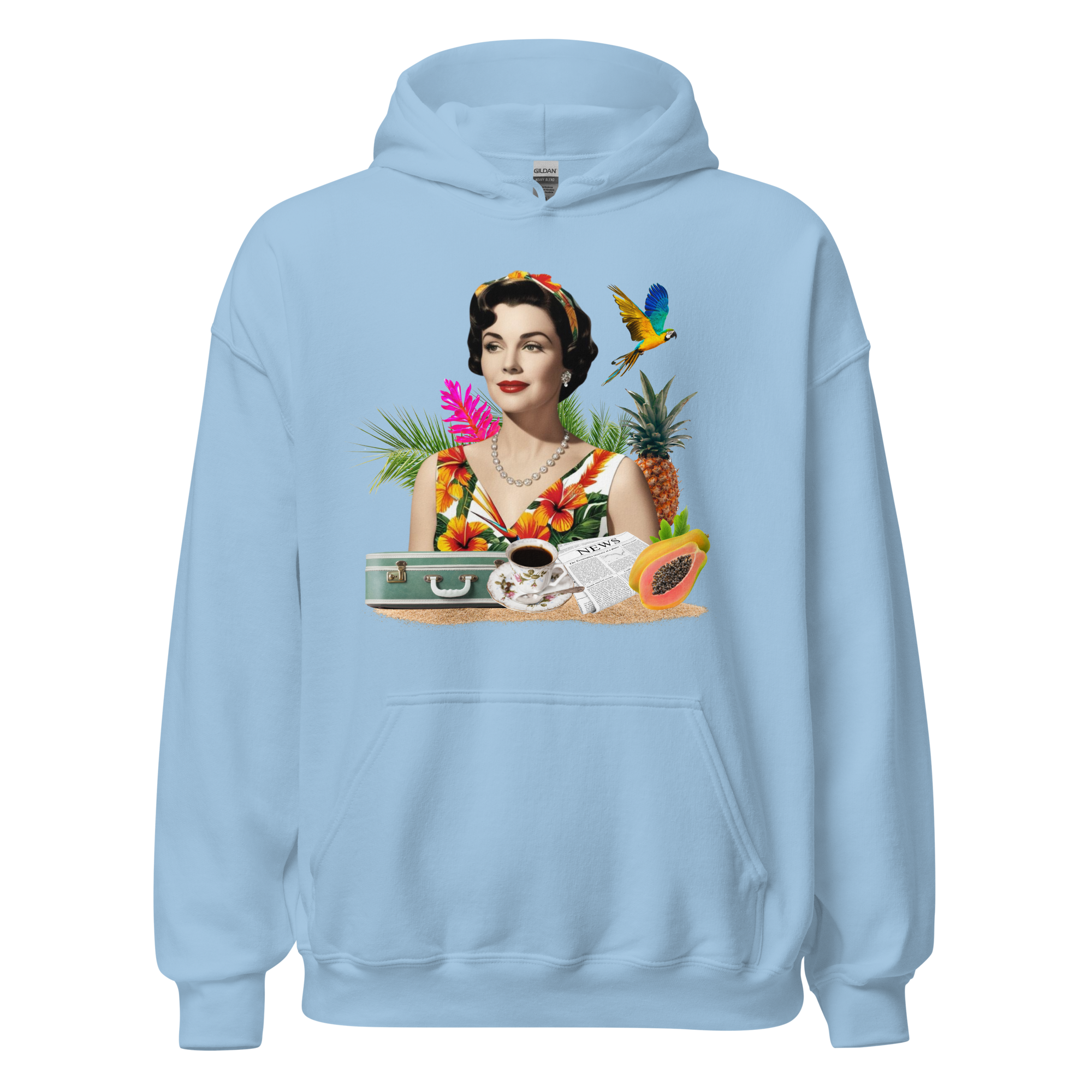 Light blue unisex hoodie with vintage woman portrait surrounded by tropical elements like parrot, pineapple, suitcase, coffee cup, and papaya by pepa de mango