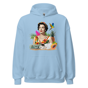 Light blue unisex hoodie with vintage woman portrait surrounded by tropical elements like parrot, pineapple, suitcase, coffee cup, and papaya by pepa de mango