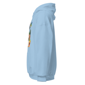 Light blue hoodie, right side view, showing tropical vintage collage design with woman, fruits, parrot, and suitcase design by pepa de mango