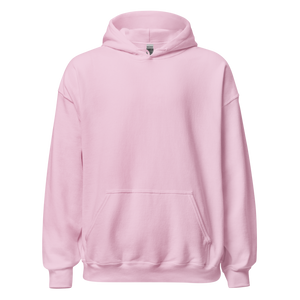 Light pink unisex hoodie, front view, plain design with kangaroo pocket and adjustable hood, by pepa de mango.