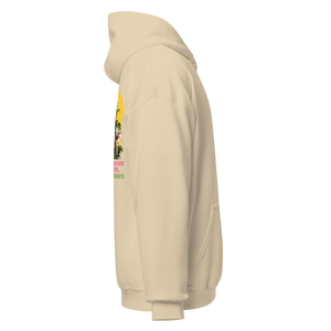 Sand color unisex hoodie, right side view, tropical clown design slightly visible on the back, design by pepa de mango.