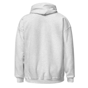 Back view of ash grey unisex hoodie with no visible print or design