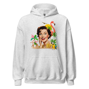 Front view of ash grey unisex hoodie with vintage collage of smiling woman, flamingo, palm trees, and tropical parrot