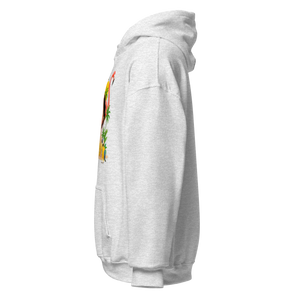 Left side view of ash grey unisex hoodie showing partial vintage collage with flamingo, palm trees, and parrot