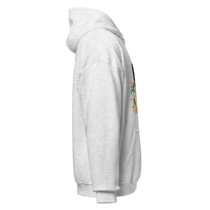 Right side view of ash grey unisex hoodie showing partial vintage-style graphic with woman, palm trees, and parrot