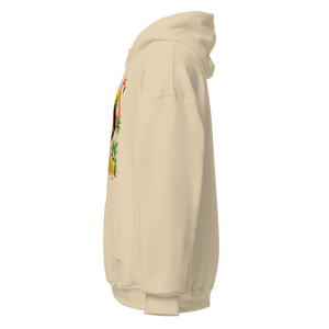 Left side view of beige unisex hoodie showing part of vintage tropical graphic with pink flamingo and palm trees