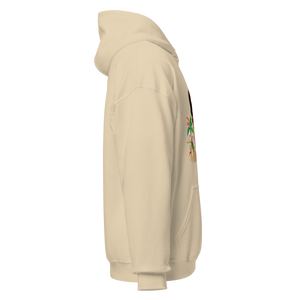 Right side view of beige unisex hoodie showing partial vintage collage with tropical trees and woman's face