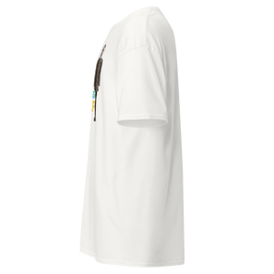 Left side view of a white unisex statement t-shirt by Pepa de Mango, showing a partial graphic of a man in a vintage suit and bold text design reading 'DRESSED TO IMPRESS MYSELF'. Confident and stylish.