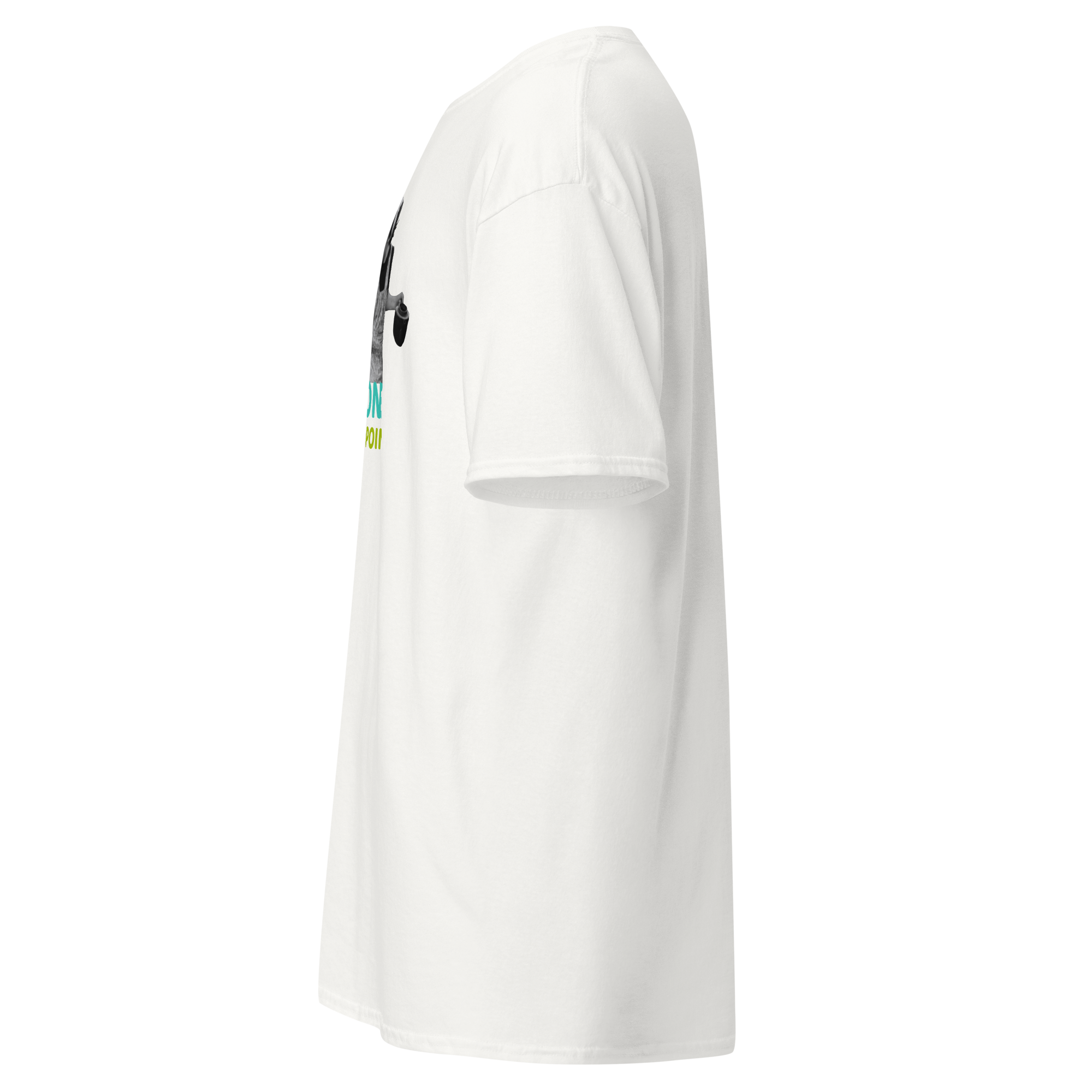 Left side view of a white unisex statement t-shirt by Pepa de Mango, showing a partial view of the print featuring a vintage woman holding a frying pan. The text "Not for everyone, that's the point" is visible in pink, teal and lime green. Soft cotton fabric with relaxed sleeves.