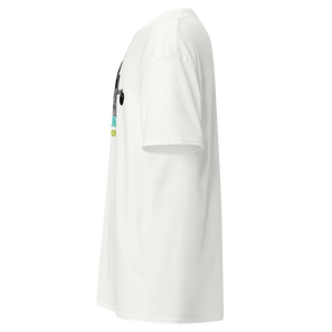 Left side view of a white unisex statement t-shirt by Pepa de Mango, showing a partial view of the print featuring a vintage woman holding a frying pan. The text "Not for everyone, that's the point" is visible in pink, teal and lime green. Soft cotton fabric with relaxed sleeves.