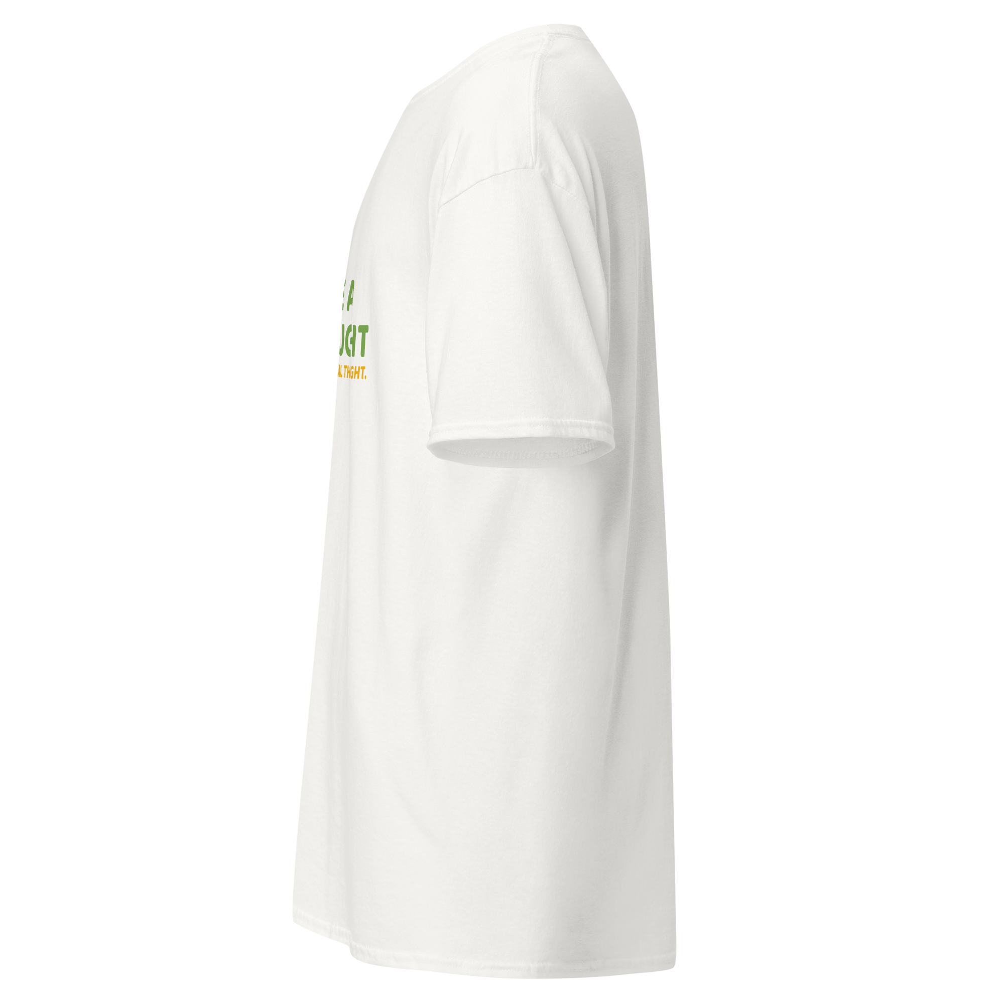 Left side view of the Pepa de Mango white unisex t-shirt, showing a partial glimpse of the "HAVE A THOUGHT" graphic wrapping around the front.