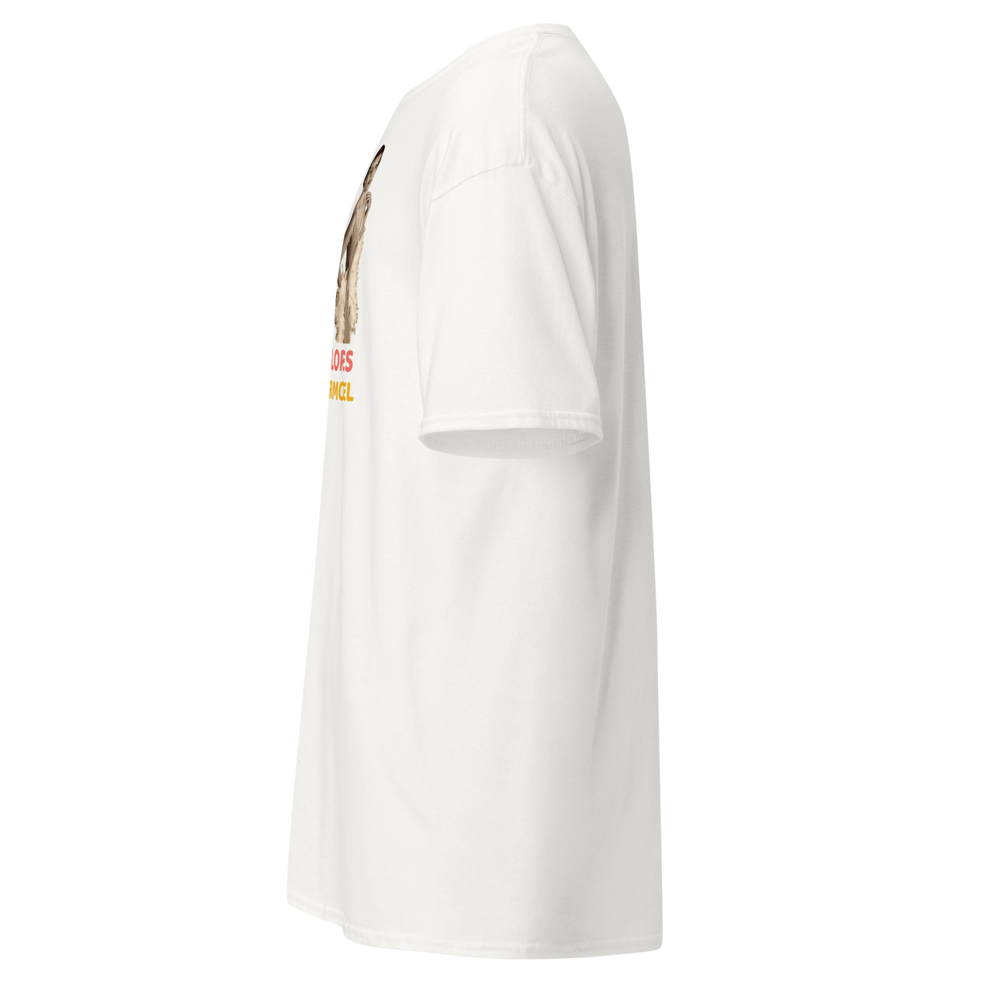 Left side view of a white unisex statement t-shirt by Pepa de Mango. The t-shirt features a retro female figure and the bold sarcastic phrase: "IF SARCASM BURNED CALORIES I'D BE A SUPERMODEL" in red, pink, and yellow text. Classic crew neck, short sleeve, displayed on a transparent background.