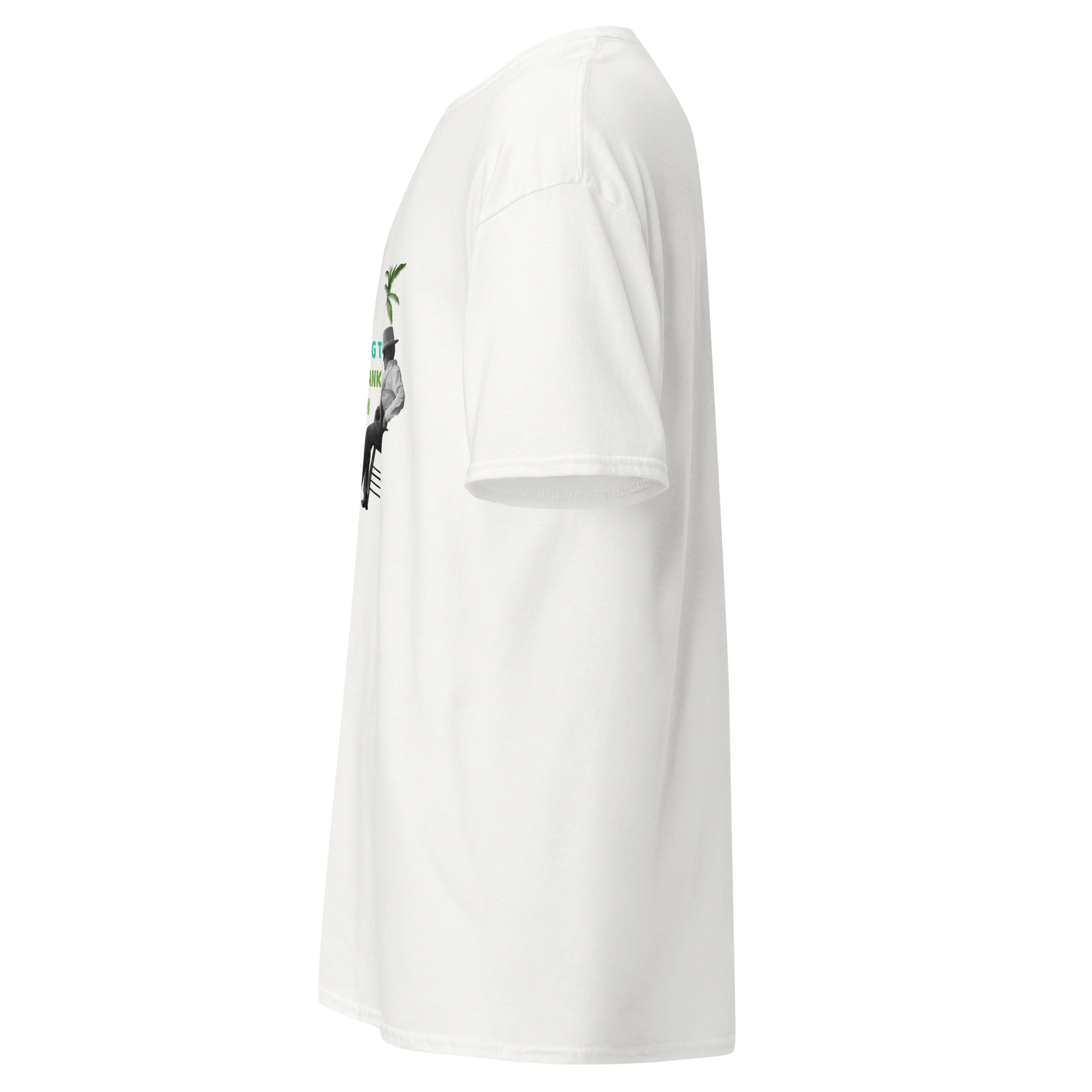 Left side view of a white unisex t-shirt by Pepa de Mango. Part of a vintage collage with a seated man and palm tree is slightly visible from this angle.