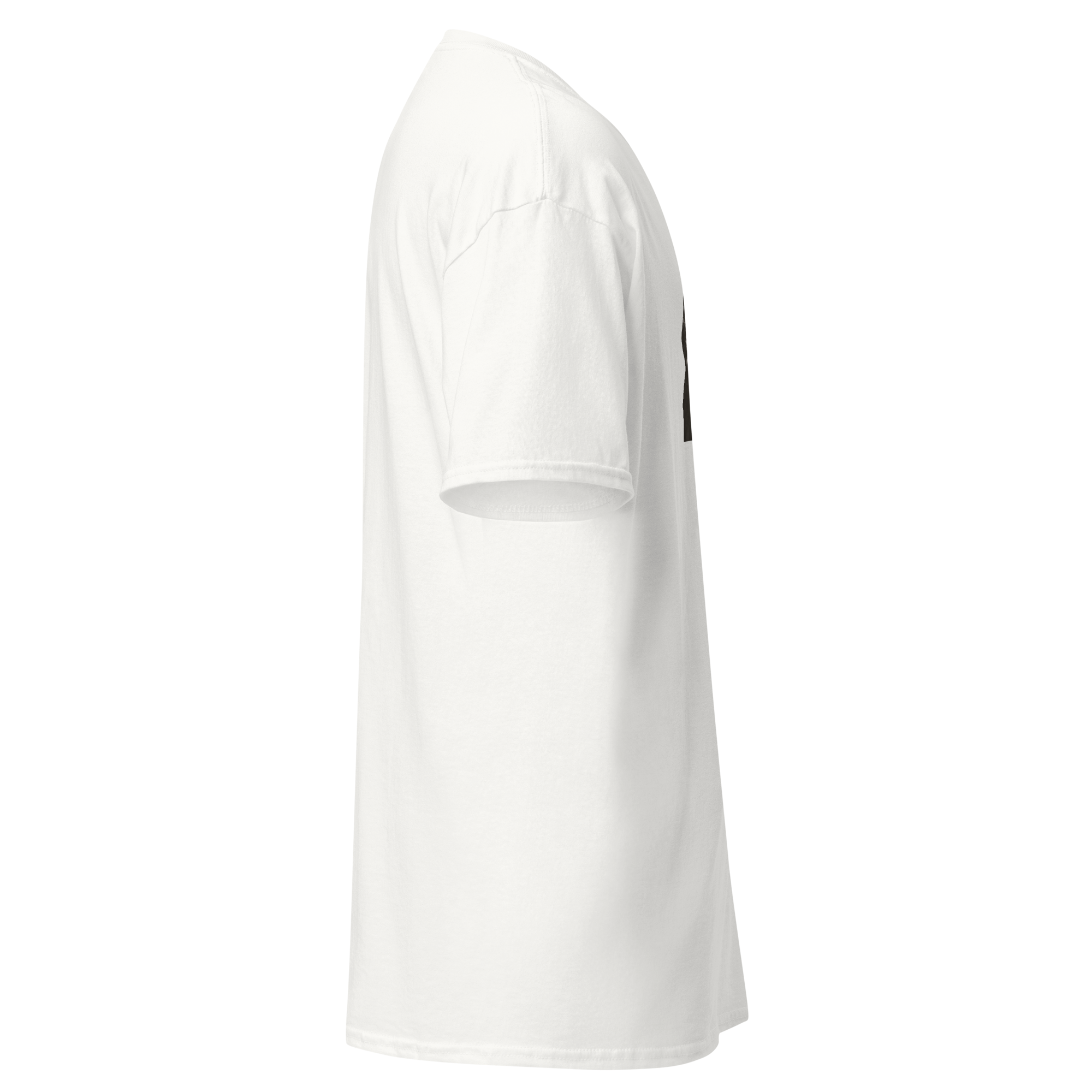 Right side view of a white unisex t-shirt by Pepa de Mango showing the continuation of the design with a vintage couple and the text "I HAVE ENOUGH SARCASM FOR BOTH OF US". Fun, bold, and expressive.