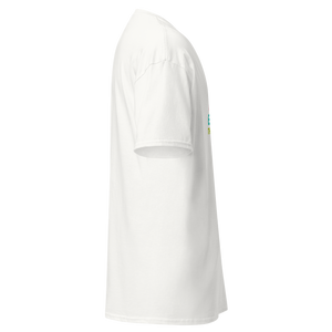 Right side view of a white unisex statement t-shirt by Pepa de Mango, partially showing the colourful slogan "Not for everyone, that's the point" on the front. Features soft cotton fabric and a relaxed fit.