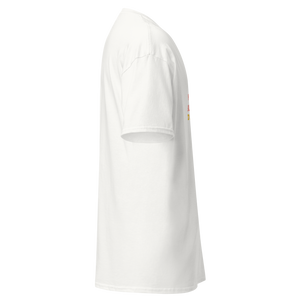 Right side view of a white unisex statement t-shirt by Pepa de Mango. The shirt includes a retro female figure and text in red, pink, and yellow that reads: "IF SARCASM BURNED CALORIES I'D BE A SUPERMODEL". Classic cotton tee, crew neck, with short sleeves.