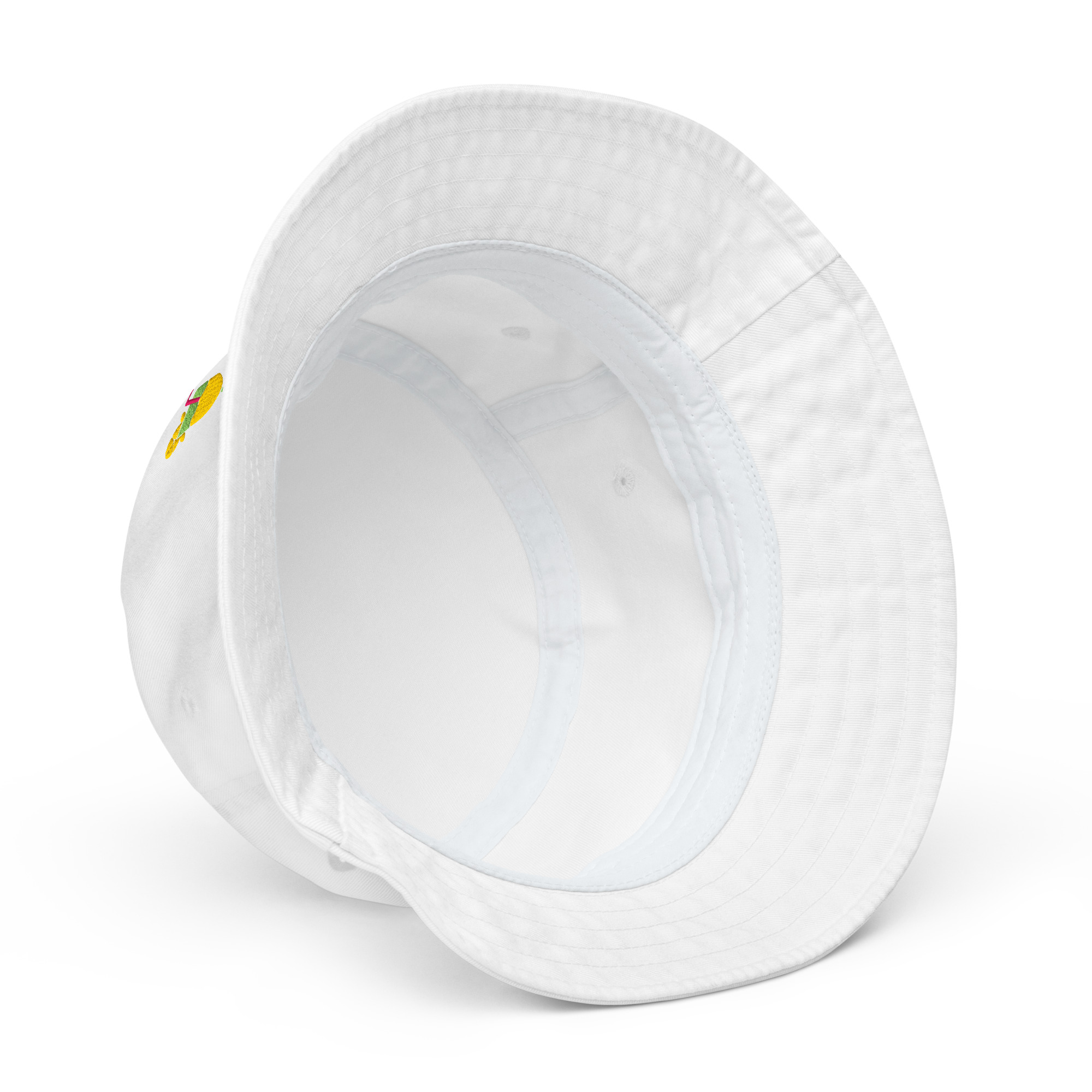 Inside view of white organic cotton bucket hat with embroidered cocktail design – Pepa de Mango