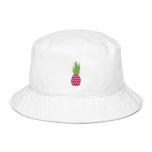 Front view of white organic cotton bucket hat with pink pineapple embroidery – Pepa de Mango