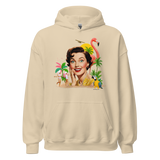 Front view of beige unisex hoodie with vintage-style collage featuring a smiling woman, flamingo, palm trees, and parrots