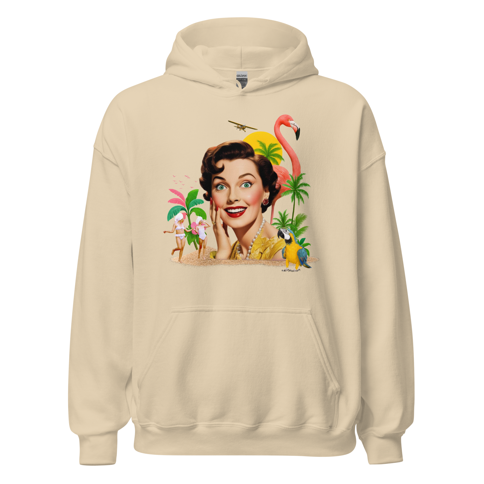 Front view of beige unisex hoodie with vintage-style collage featuring a smiling woman, flamingo, palm trees, and parrots