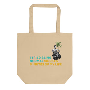 Front view of beige eco-friendly cotton tote bag by Pepa de Mango, featuring retro woman graphic and sarcastic quote 'I tried being normal, worst 5 minutes of my life' in turquoise and yellow, reusable summer bag for everyday use
